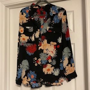 Colorful floral blouse navy with pale pink, sea-foam green and red accents